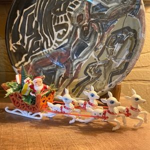 Vintage Santa with Sleigh Molded Plastic With Flocking Reindeer Kitschmas 60s